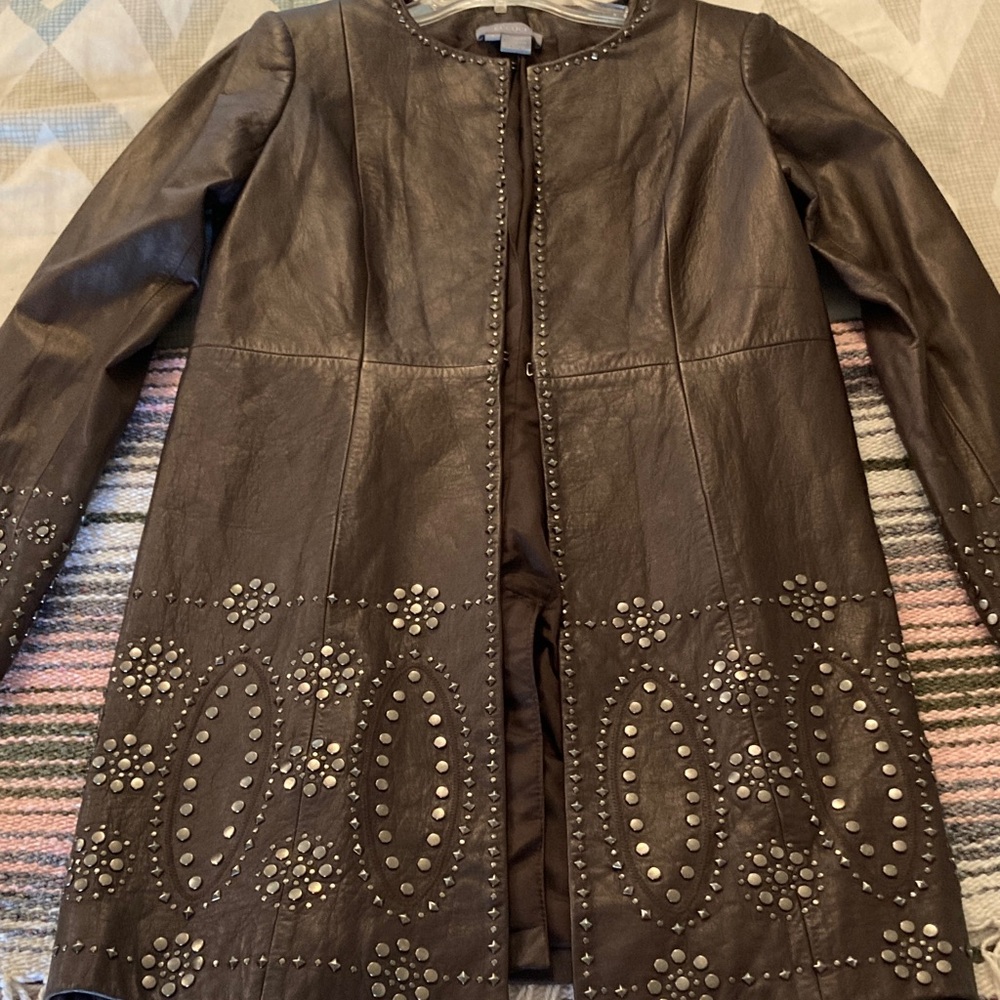 Eccoci Size 4 Brown Leather Studded Duster Coat Jacket Lined EUC